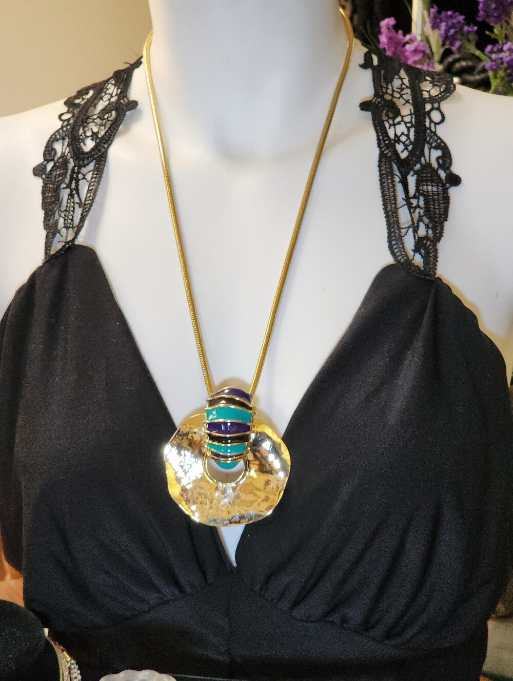 Gold Toned Snake Chain Necklace with Teal, Blue & Black Enamel Pendant - Picture 9 of 9